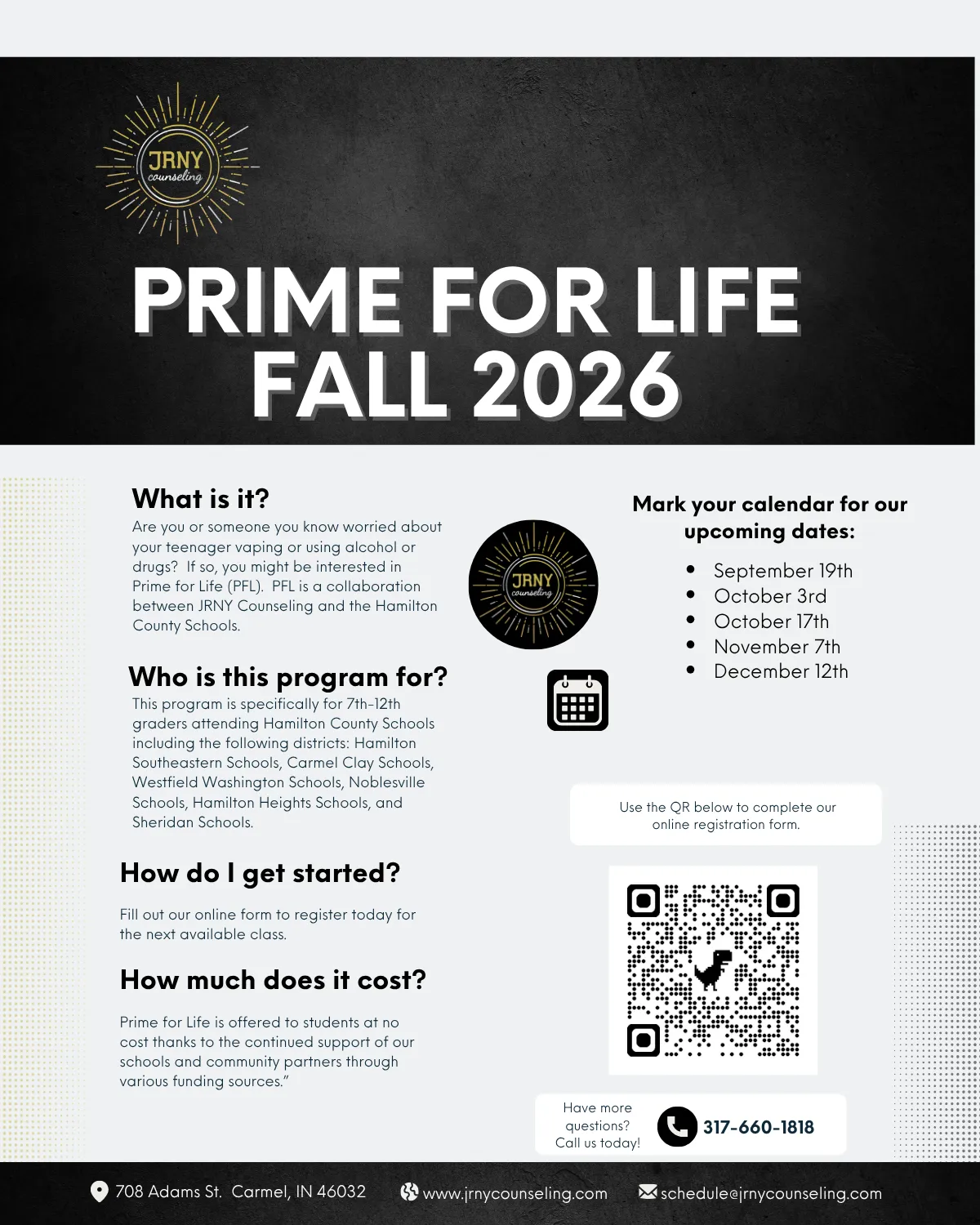 Prime For Life 2026 class flyer from JRNY Counseling in Carmel, IN